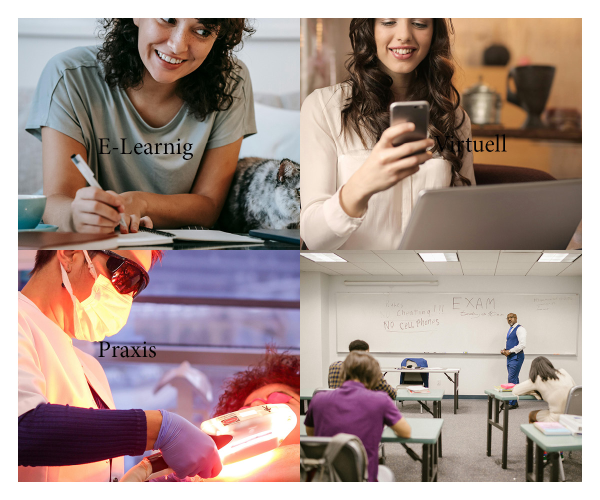 Collage zu den Lernformen E-Learning, Praxis und Unterricht