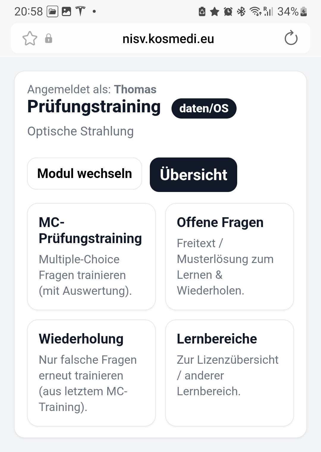Menü des NiSV-Prüfungstrainers auf dem Smartphone